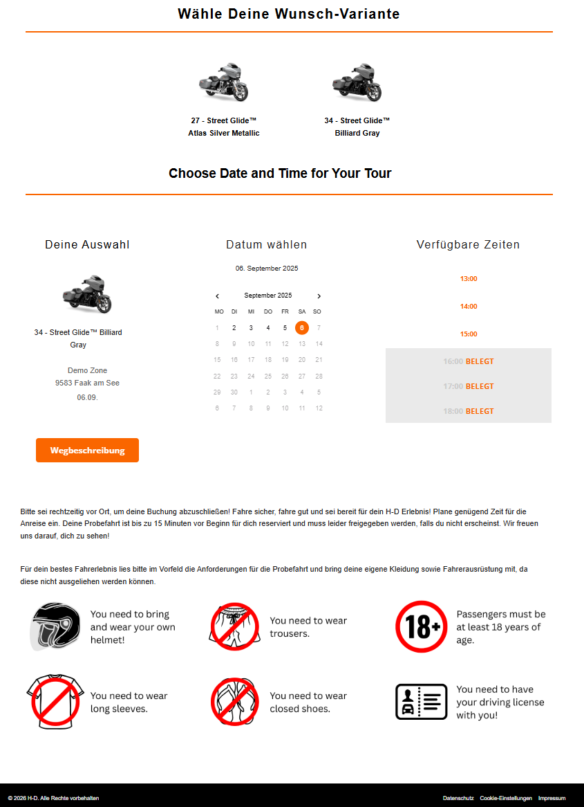 Harley Davidson Time Slot Booking Motorcycle tour booking page