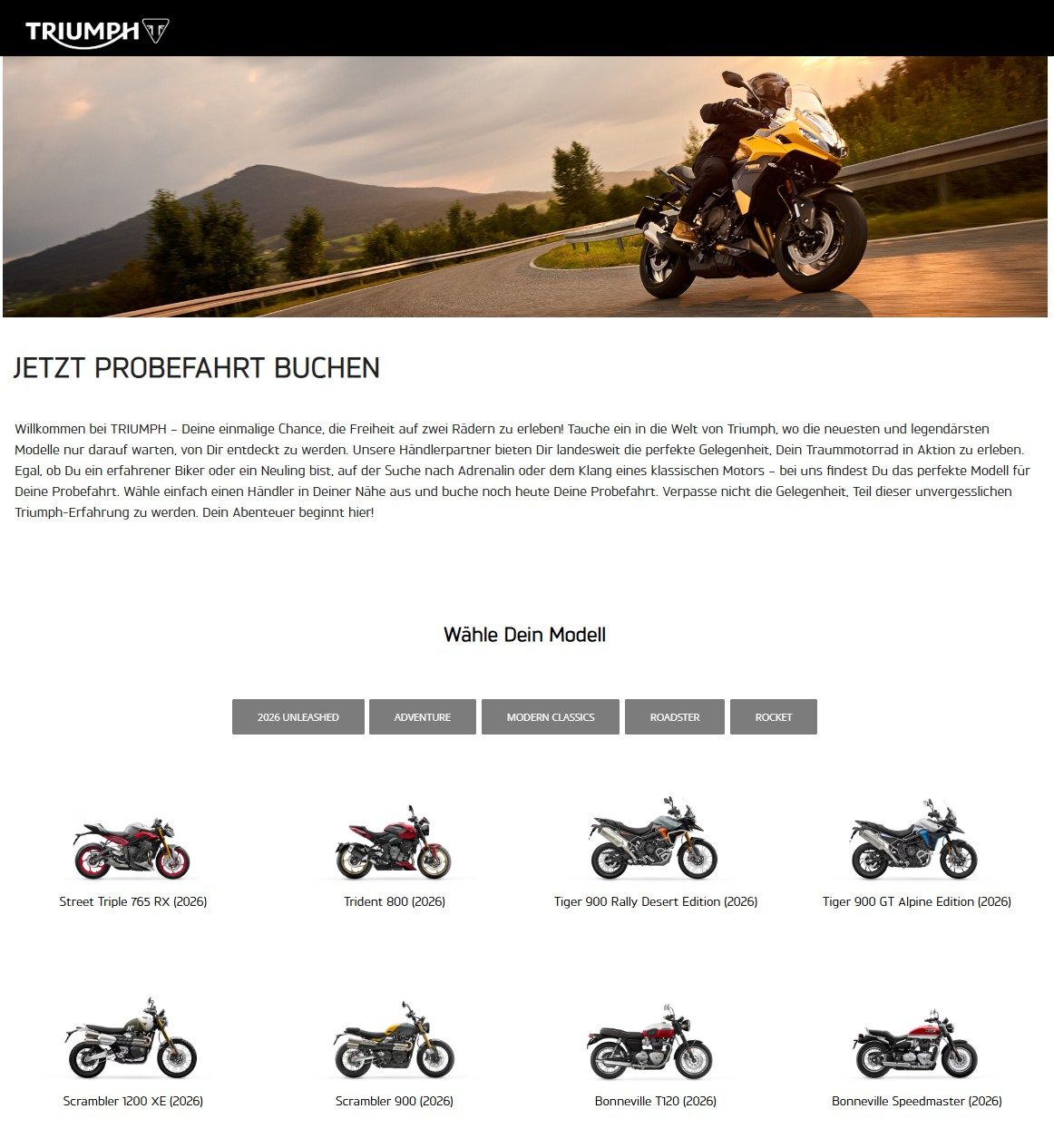 Book motorcycle rides and test rides
